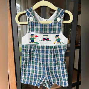 Vintage Golf smocked Jon Jon overalls romper baby boy teddy bear plaid embroider